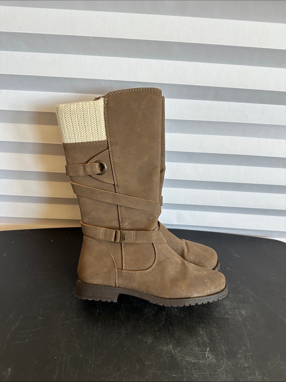 Rachel Brown Tall Kids Boots with Cream Knit Cuff